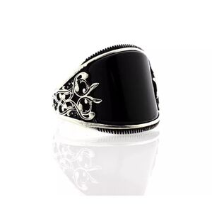 925 Sterling Silver Filled Obsidian Simulant Men's Fashion Ring